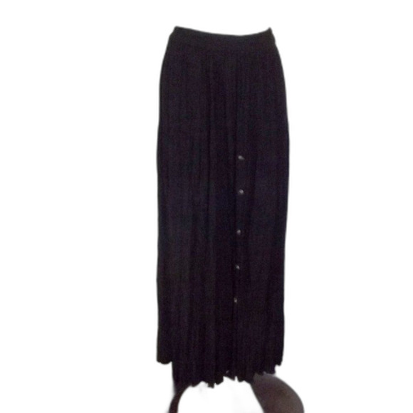 Vintage BROOM Skirt, S, BROWN Crinkled Rayon, Concho buttons, Elastic waist - Picture 3 of 13